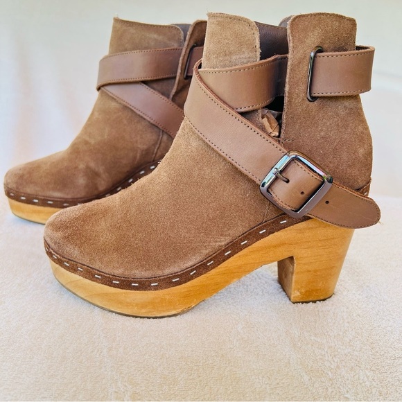 Free People Bungalow Sand Brown Suede Strappy BOHO Wooden Clog Boots SIZE 6 - Picture 2 of 13